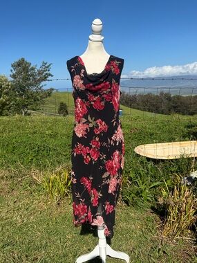 VTG 90s Connected Black Red rose Cowl neck Beaded sleeveless Chiffon Dress L